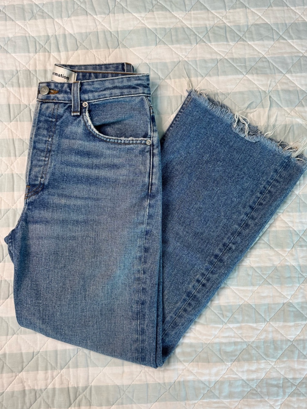 Reformation Mid Rise Cropped Kick Flare Raw Hem Jeans Baltic Blue 26